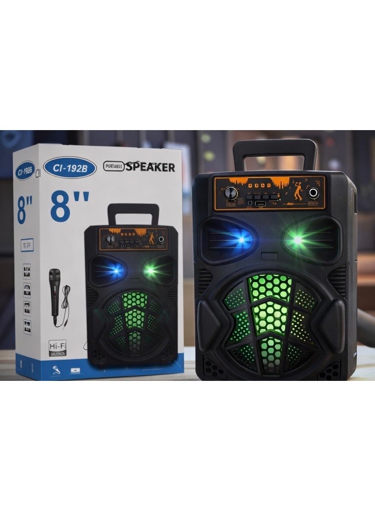 مكبر صوت بلوتوث محمول CI-192B مقاس 8 إنش مع ميكروفون لاسلكي – إضاءة LED، يدعم USB/TF/AUX/FM، بطارية قابلة للشحن، مثالي للحفلات والكاريوكي - Image 1